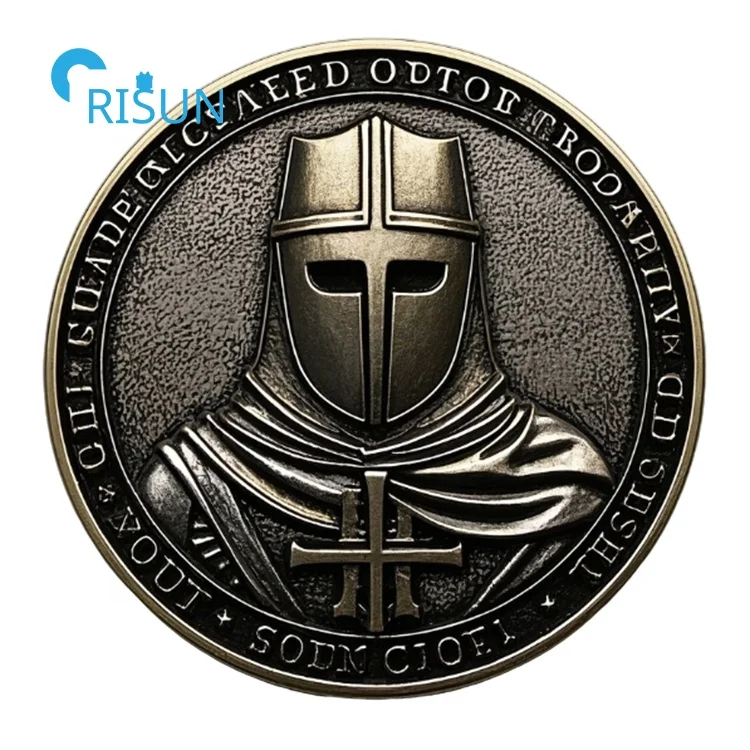 Médaille Commémorative Chevaliers Templiers – Pièce Croisé Vintage En Fer Doré – 4 Cm – Cadeau Symbolique