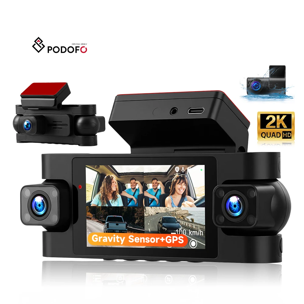 Podofo 3-inch 2K Car Dashcam Car DVR 4 Lens G-Sensor/GPS/WiFi/Parking Monitor /360 Protection 2K Front Camera +3 X1080P Cameras L5985