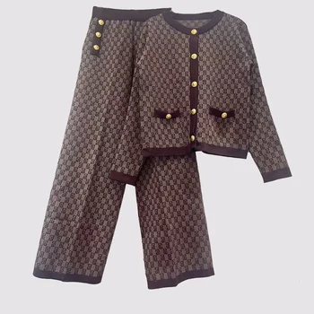 Fashion Wholesale Factory Price Cardigan Knitted Long Pants Brown With Gray Color Two Piece Set For Women