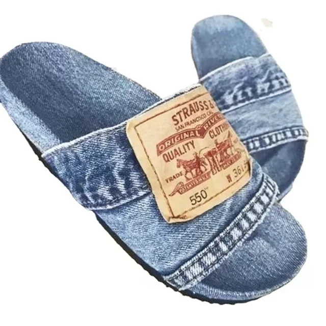 Large size denim slippers, new summer women's sandals, letter flat bottomed beach shoes