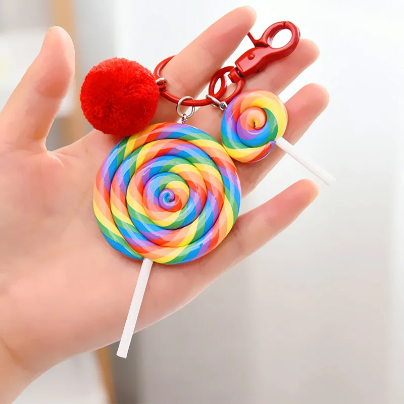Lovely Rainbow Lollipop Polymer Clay Key Chain Ornaments with Pom Pom Ball Color Metal Hook Key Ring Car Bag Accessories Gifts
