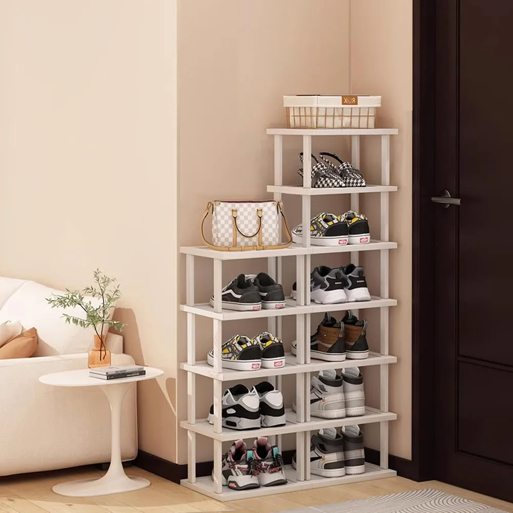 12-Tier Bamboo Shoe Rack Vertical Tall Narrow Organizer for Entryway Bedroom Living Room-Furniture