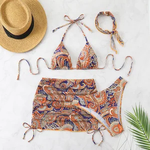 Luxury Brown Halter Tie Bikini Skirted Sexy Swimwear for Women 3-Piece Set with Front Logo Woven Method