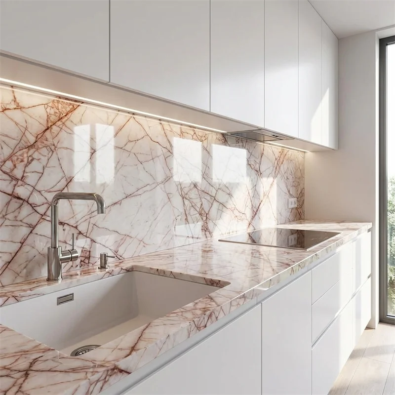 Ნატურალური ქვის პოლირებული თეთრი მარმარილოს გვერდითი ზედაპირი, მარმარილოს მაგიდა სამზარეულოს სავარდნისთვის