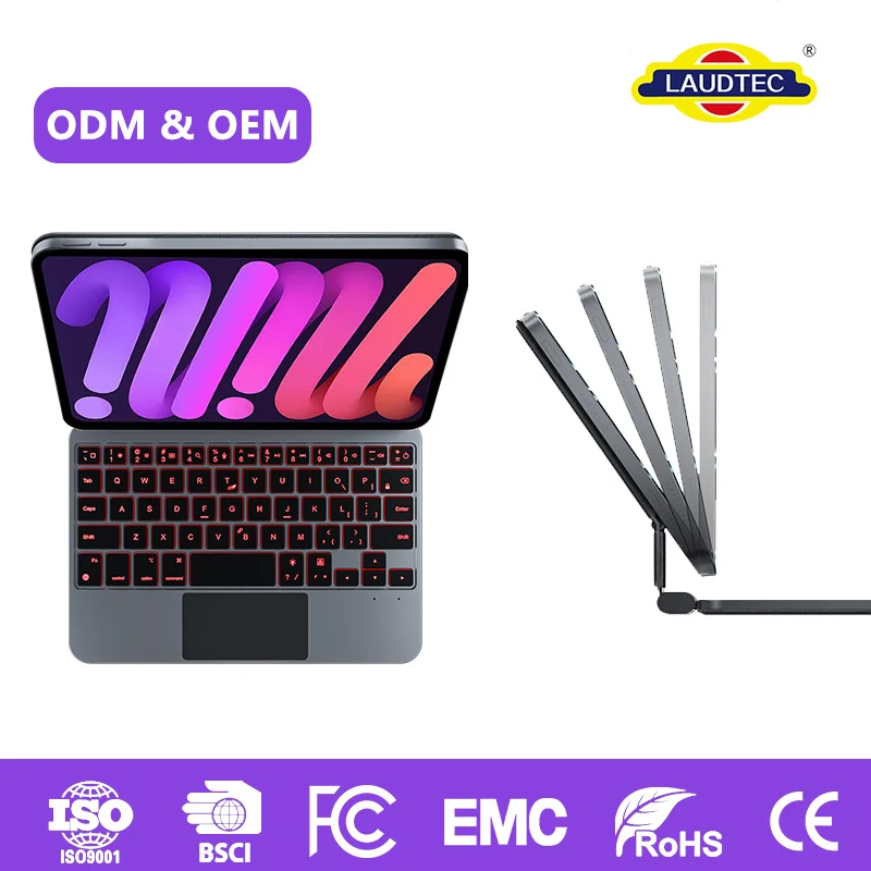 Teclado Laudtec para iPad Mini 6/7, bisagra magnética, retroiluminación RGB, touchpad, accesos directos, diseño delgado, carga rápida USB-C, personalización OEM/ODM y certificaciones CE/FCC/RoHS