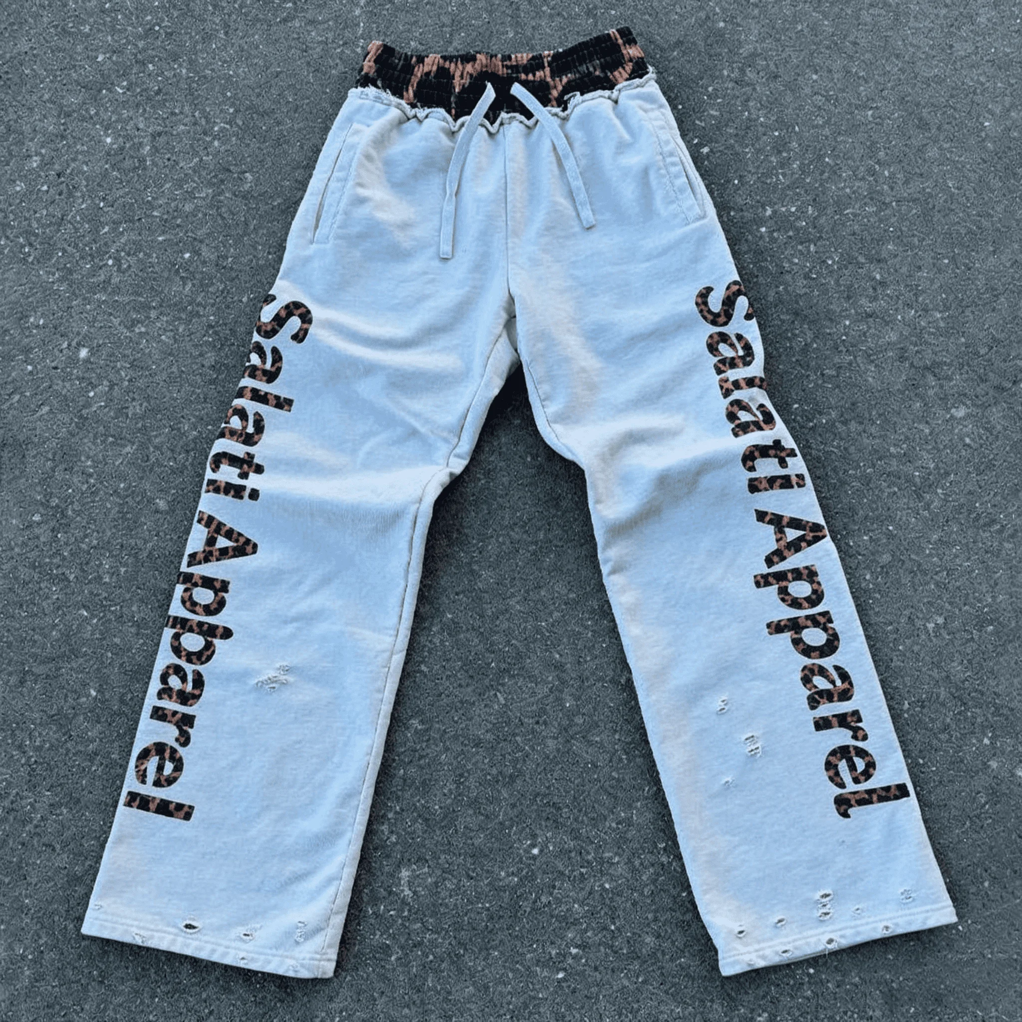 Custom Vintage Washed Distressed Sweatpants Men Leopard Print Elastic Waist Baggy Wide Leg Streetwear Heavy Cotton Jogging Pants