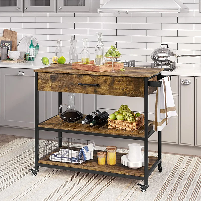 Kitchen Island On Wheels With Storage Drawer Shelves,3tier Utility