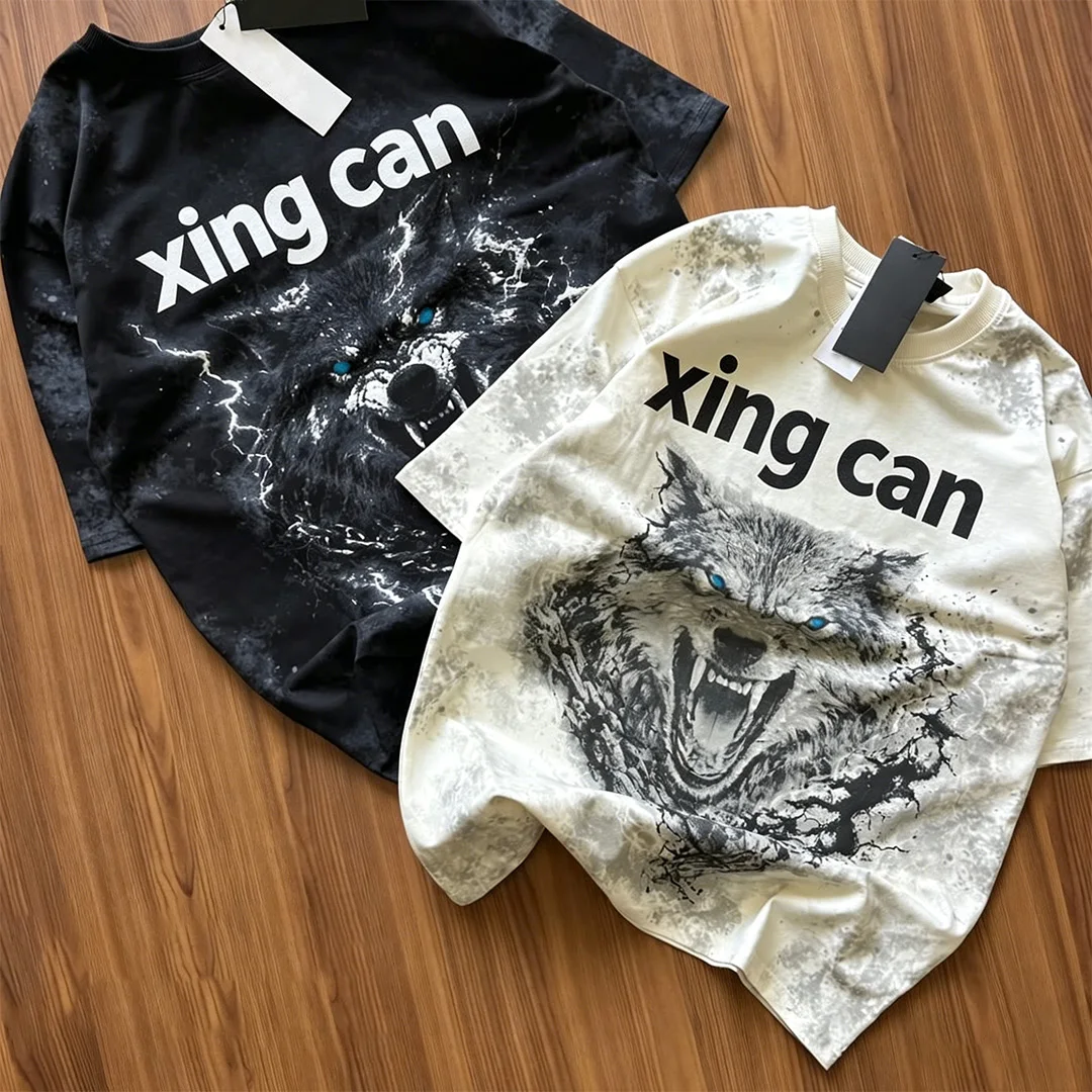 Męski T-shirt w stylu streetwear z ciężkiej bawełny, z możliwością wyboru cyfrowego nadruku DTG / kamieni sztucznych / przepłukania / haftu, oversized z krótkim rękawem