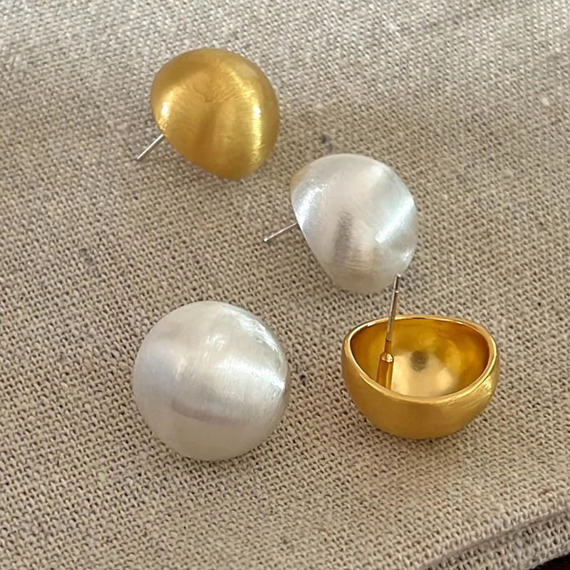 Brushed Wire Drawing Round Circle Sphere Ball Earrings Hollow Gold Plated Stud Earrings for Women Korean Chic Simple Jewelry Hot