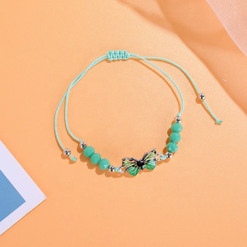 European and American Color Enamel Butterfly Handmade Rope Woven Adjustable Crystal Beads butterfly Bracelet Set
