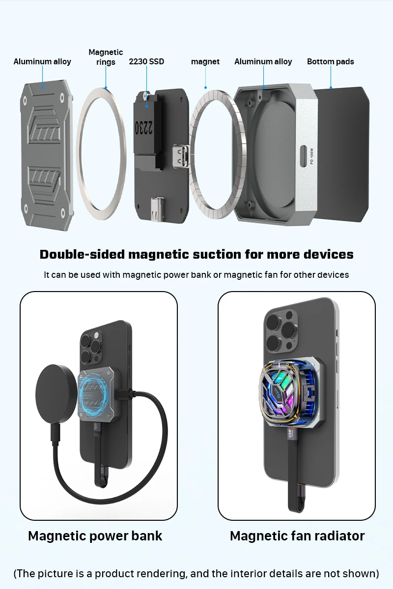 Type C USB3.1 10Gbps NVME PCIe M2 Ssd Magnetic Enclosure With 100W PD USB C Magnetic M.2 2230 Nvme Ssd Enclosure