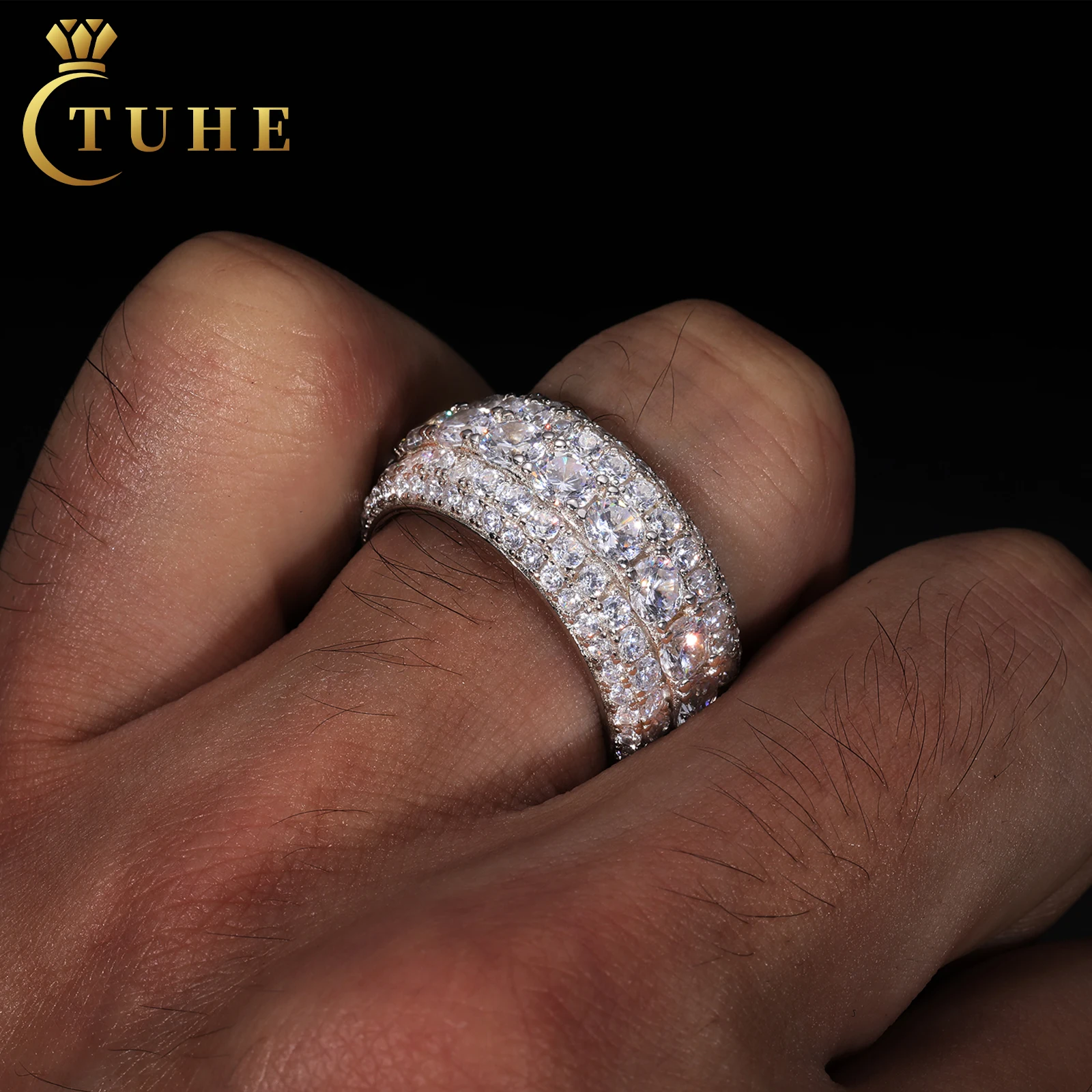 Hip Hop Jewelry Wedding Engagement Gift 925 Sterling Silver Paved VVS Moissanite Iced Out 5 Layer Diamond Band Ring for Men