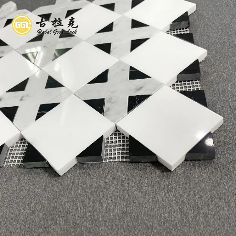 Wholesale Kitchen Bedroom Wall Floor Mosaic Tile White Mixed Black Marble Waterjet Mosaic Tile for Interior Decor manufacture