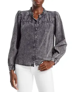 Custom Blouses Elegant Women Long Sleeve Solid Washing Denim Top Ladies Blouses