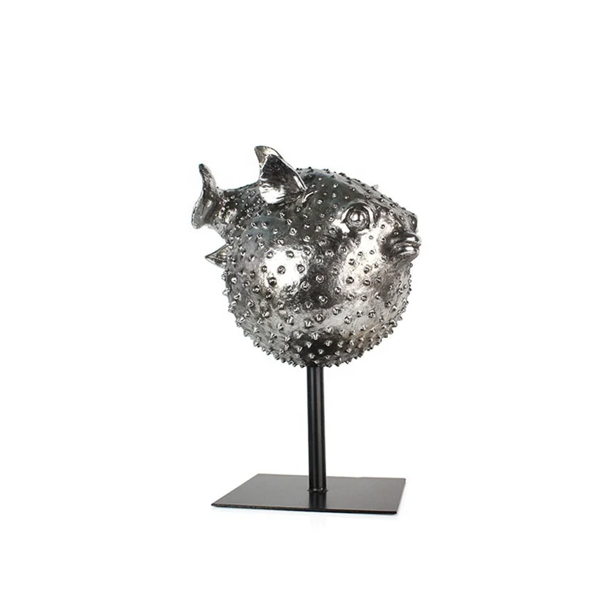 Hot sale resin pufferfish sculpture on metal stand living room decor