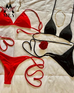 MLY Custom Designer Private Logo Swimwear Solid Fabric Drawstring Wrap High Waist Bikini Bathing Suits