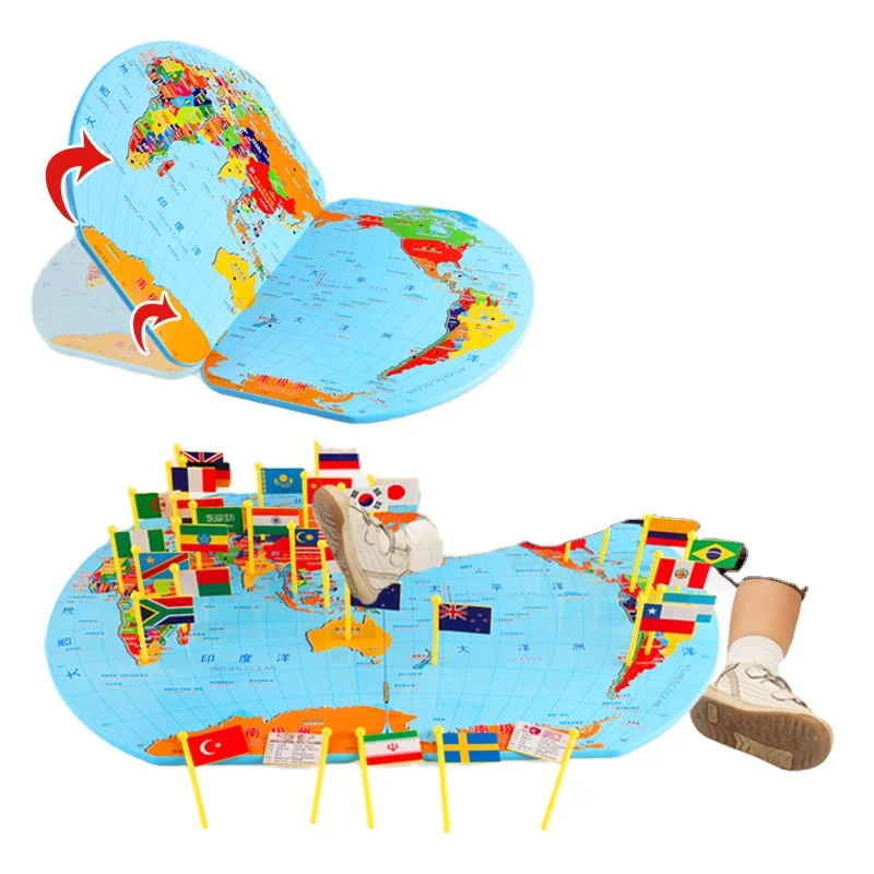 Wooden Map of the World Flags Educational Montesoori Kid Toys Educational Wooden Toys for Baby