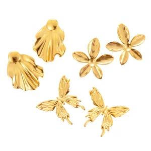 MW 18K Gold Plated Stainless Steel Women's Stud Earrings Vintage Fashion Butterfly Flower Texture Statement Pieces for Party
