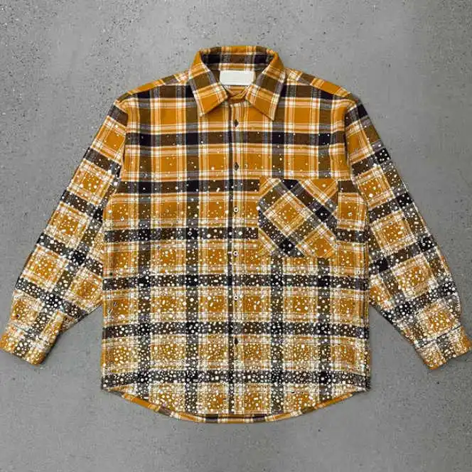 Salati Customize High Quality Diamond T-shirts Glitter Rhinestone Wash Button up Long Sleeve Boxy Check Plaid Flannel Shirts Men gallery 4