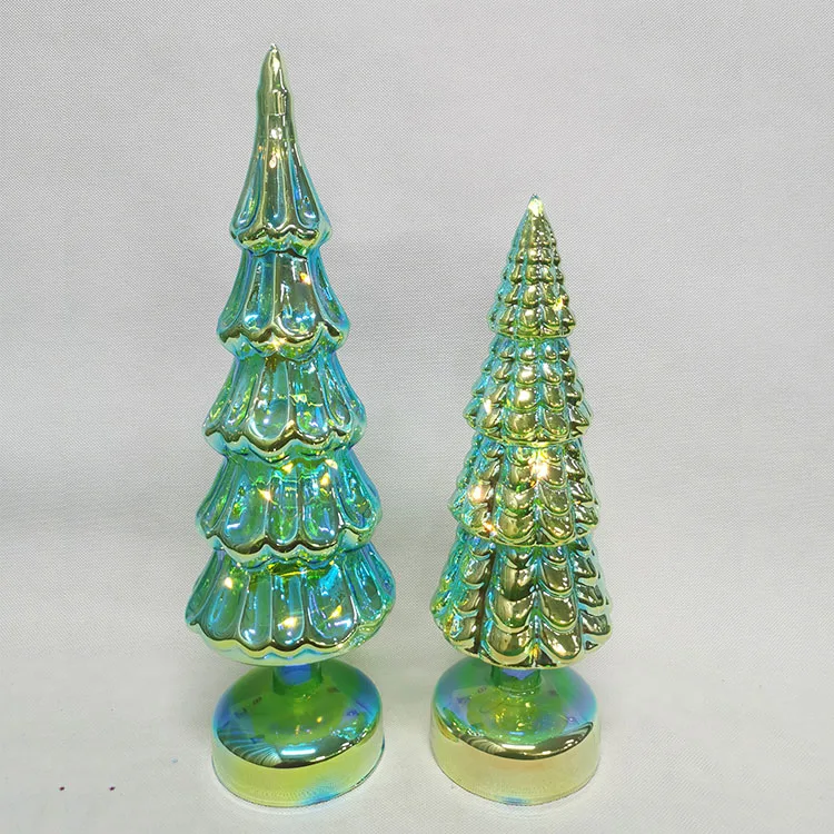 Vintage modern tabletop pre lit led lighted up mini green hand blown glass christmas tree decorative figurine set with lights