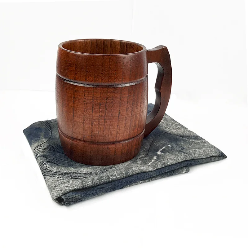 oueaen Wooden Beer Mug Natural Wooden Beer Cup Retro Big Capacity Tea Water Classic Wood Drinking Mug with Handle 