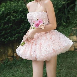 Bettergirl High Quality 2026 New Vietnam Floral Lace Mesh pink Short Dress High Waist Tight Mini Birthday Party Evening Dress