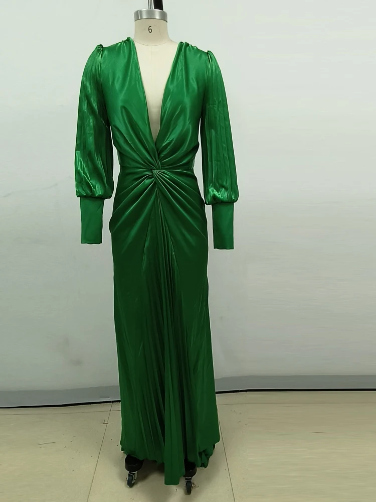 LS2499 Kimshein Sexy Deep V-Neck Green Long Puff Sleeve Floor Length  Evening Dresses Fashion Elegant Ruffle Dress