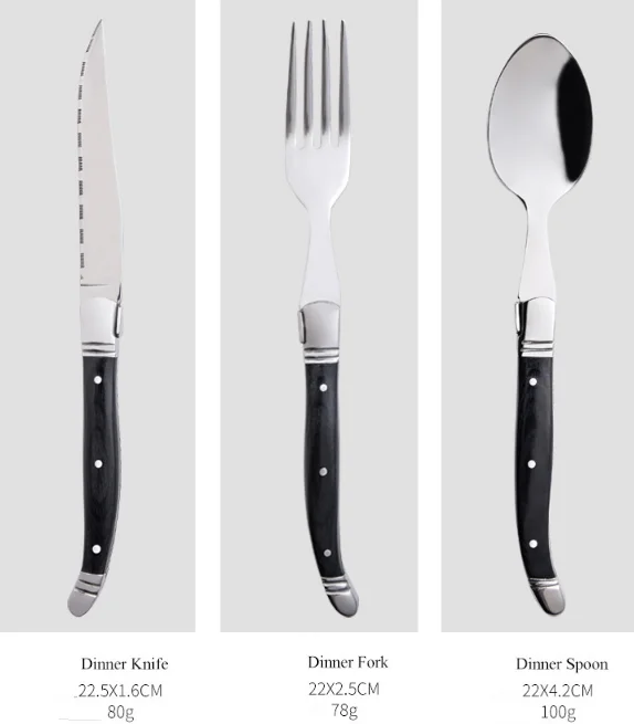 Italian stainless steel flatware western restaurant silverware set dinner fork spoon wooden handle steak knife 14
