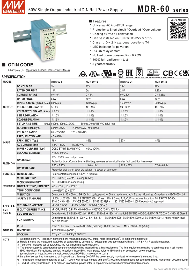 MEAN WELL MDR Series 10W to 100W DIN Rail Mount PSU Low No Load Loss <0.75W for Building Automation and Smart Home
