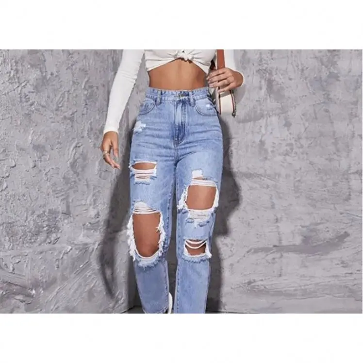 Jeans Strappati Donna | Vita Alta E Gamba Dritta | Taglio Boyfriend | Denim Comodo E Morbido - Foto 8