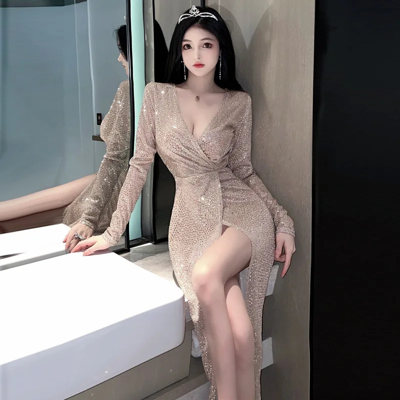 Fashion Crystal Evening Clothing Tops 2024 New Heavy Sequins V Neck High Waist Elegant Long Dress Sexy Women Party Dresses 35W9 10