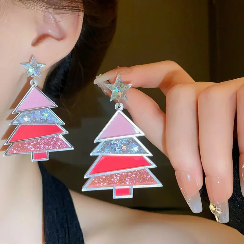 Geometric Acrylic Christmas Tree Drop Earrings Statement Women Gradient Pink Purple Blue Sequin Dangle Earring Wedding Jewelry