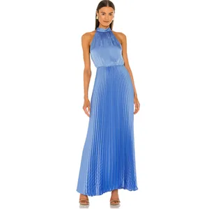 Custom Ladies Blue Satin Evening Dresses Women Sleeveless Maxi Pleat Halter Gown