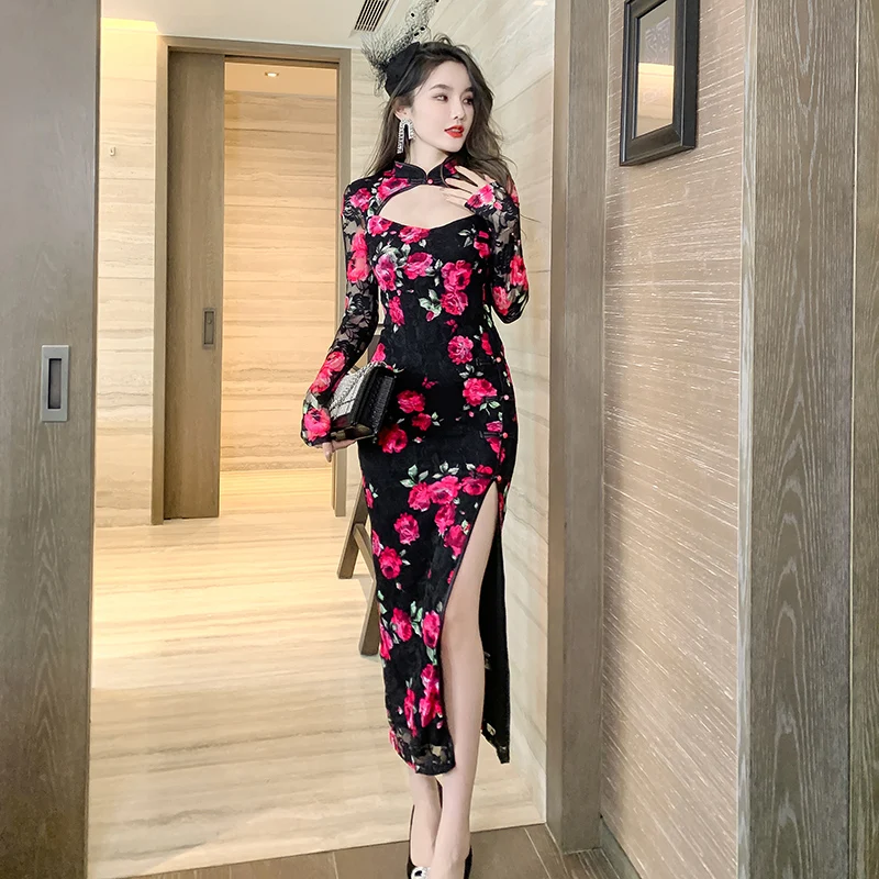 【お気にいる】 - Dress Midi Fall Sexy Women's Wholesale Hollow Qipao Out トップス