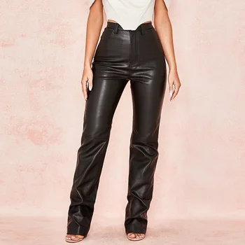 Wholesale Ladies PU Trousers Fall Winter Fashion Clothing High Waist Thick Solid Black Leather Pants Women