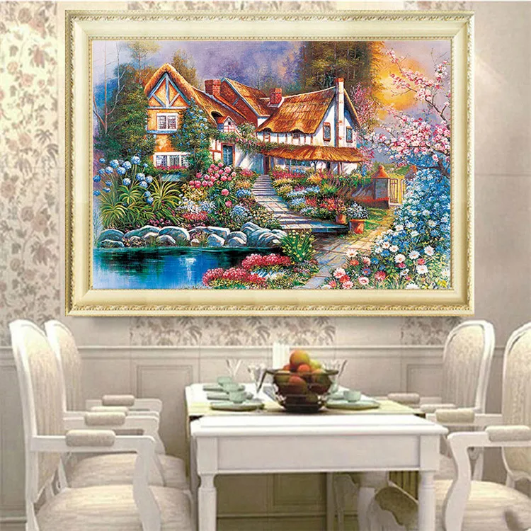 Needlework Printed Cross Stitch Colorful Village Scenery Diy Cross Stitch Kits Embroidery