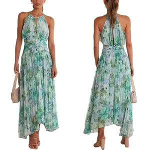 2026 Fashion Halter-neck Sexy Sleeveless Floral Printed Floor-Length Modest Daily Asymmetric Chiffon Pleated Maxi for Summer