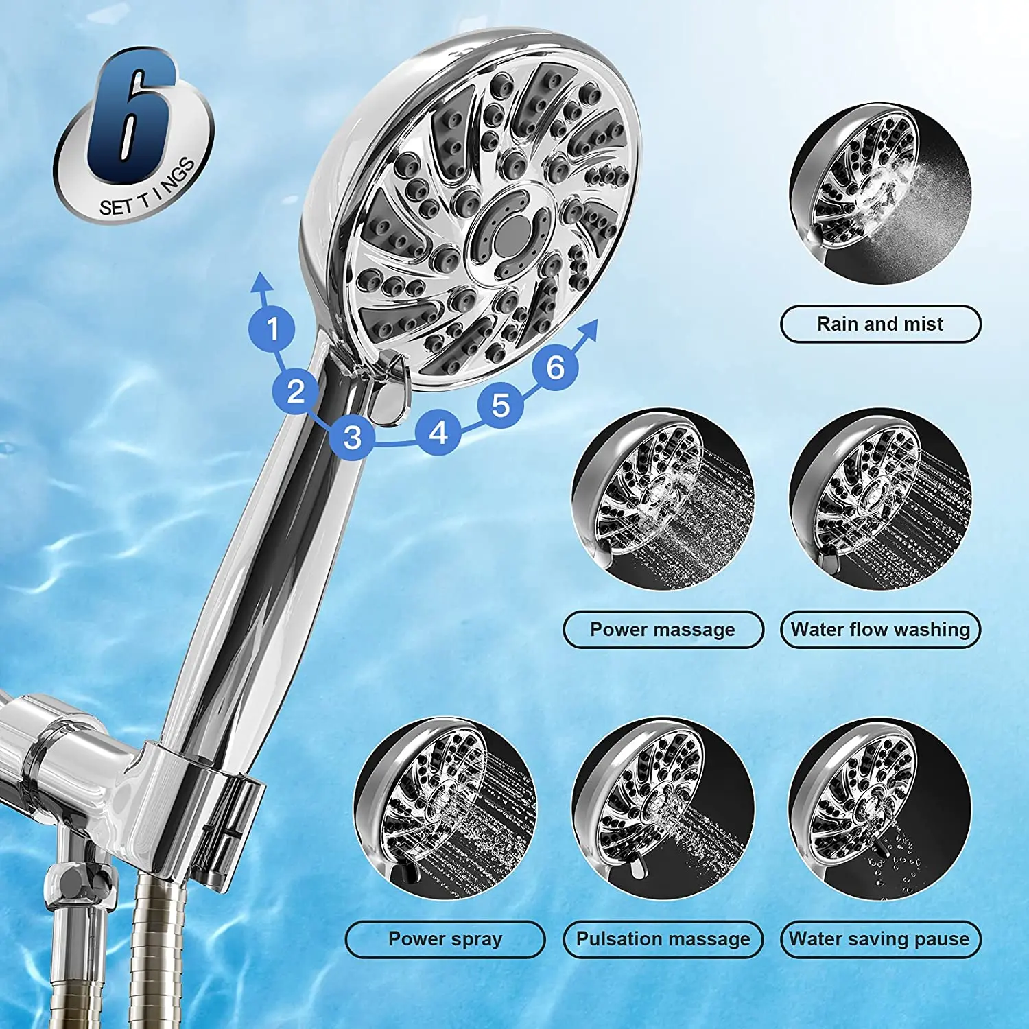 Luxury 6 Functions Handheld Shower Head Set High Pressure Shower Head