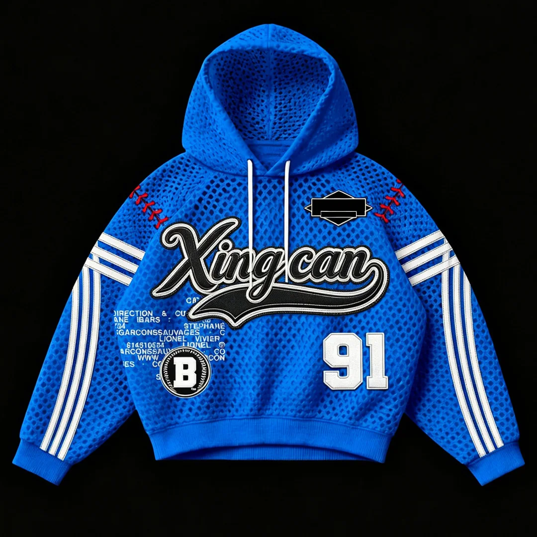 Individuální mužská dýchavá síťová baseballová kapuciňovka s vyšíváním z chenille, americký vintage sportovní styl, převelký řez, neformální vrchní oblečení, aplikační vyšívání