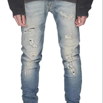 OEM Wholesale Men's Plus Size Jeans White and Dark Washed Hip Hop Style with Ripped Patchwork Stitching China