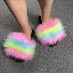 Drop shipping beach fur shoes cheap raccoon artificial fox fur pantuflas indoor outdoor sandals women's slippers faux fur slides
