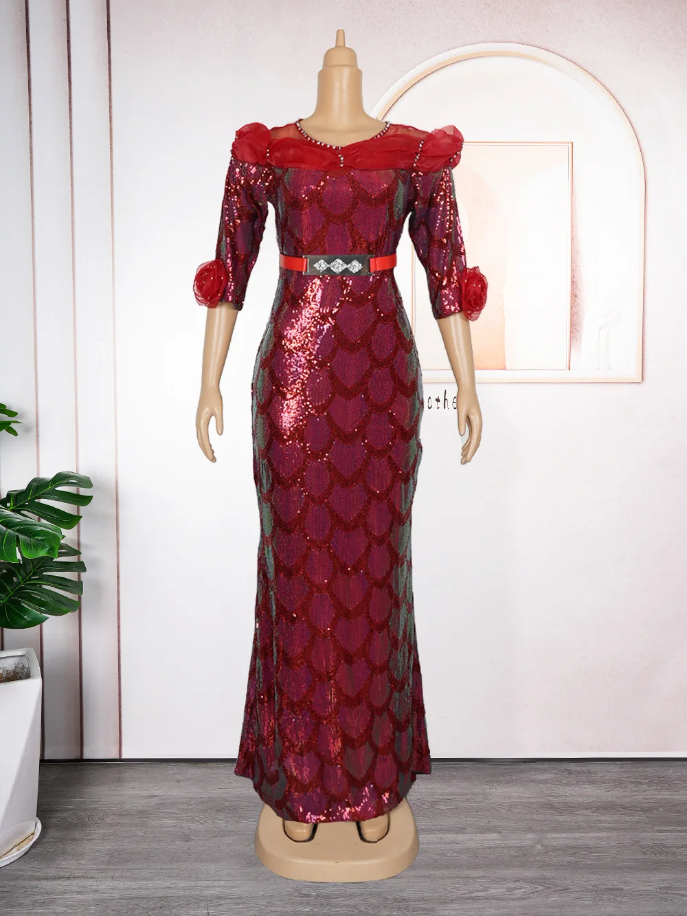 burgundy church dresses For Her Print Women Dress 82140C-Maroon