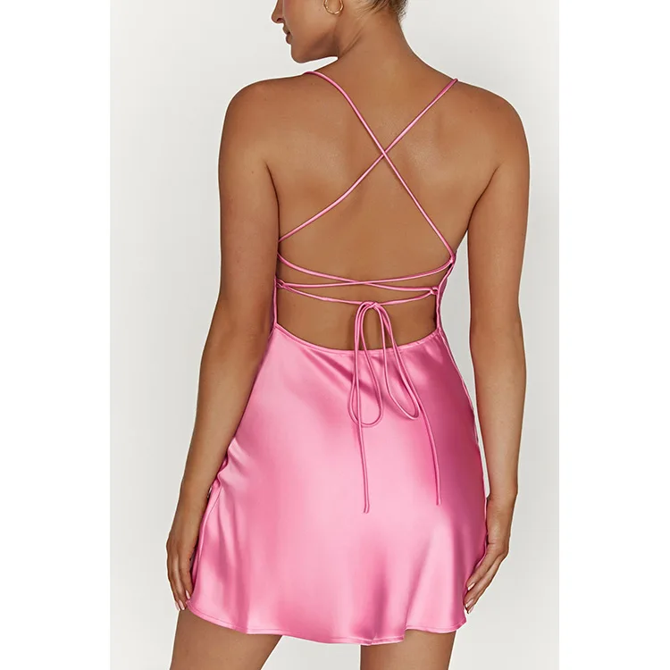 High Custom Fashion Spring Ropa Strap Crisscross Split Club Bod Backless Hip Casual Dresses Woman Satin Silk Sexy Midi Dress