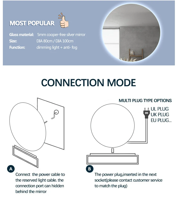 Round Anti-fog Frameless Wall-mounted 6500k Backlit Dimmable Lighted ...