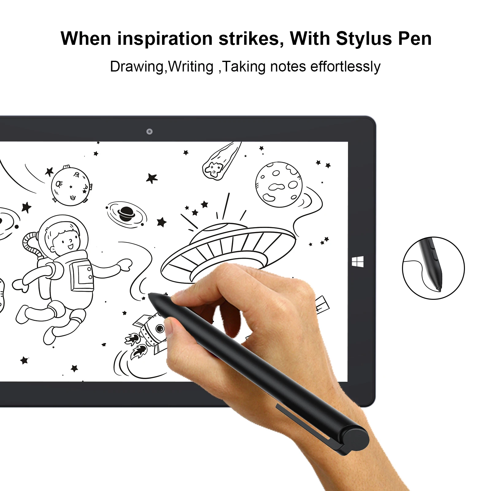 Image of someone drawing on a tablet showcasing the stylus pin that comes with the 10 inch windows tablets