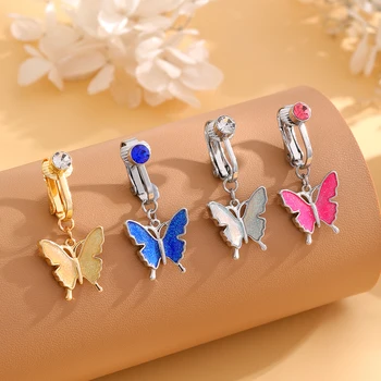 Big Butterfly Non Piercing Dangle Navel Ring Diamond Clip on Umbilical Navel Belly Button Body Jewelry for Women