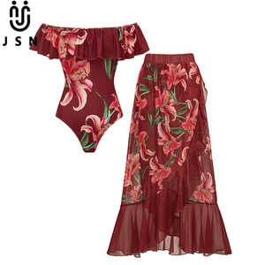 JSN 2026 New Design Customized Off Shoulder Lily Print Wine Red Swimsuit Set Flower Print Ruffles Bikini with Ruffles Swimdress