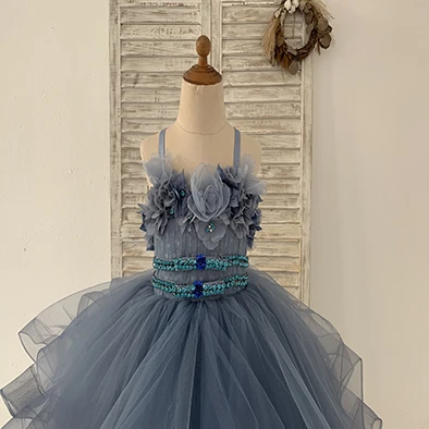 Dusty Blue Polka Dots Lace Tulle Wedding Flower Girl Dress