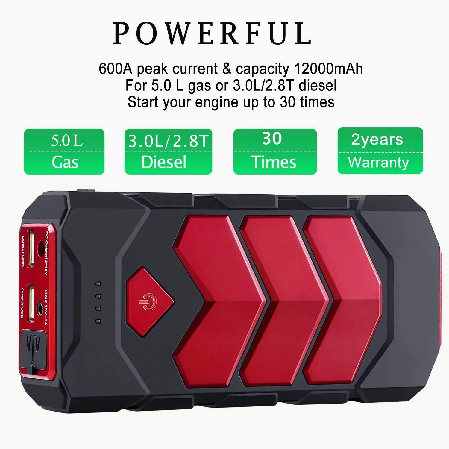 Jump Starter Portátil 12V – Arrancador De Batería Para Coche Con Power Bank USB (hasta 3.0L Gasolina)