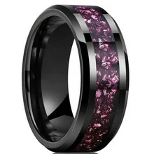 Fashion Ring High Polished 8mm Purple Meteorite Inlay Black Mens Tungsten Ring for Wedding Engagement Ring